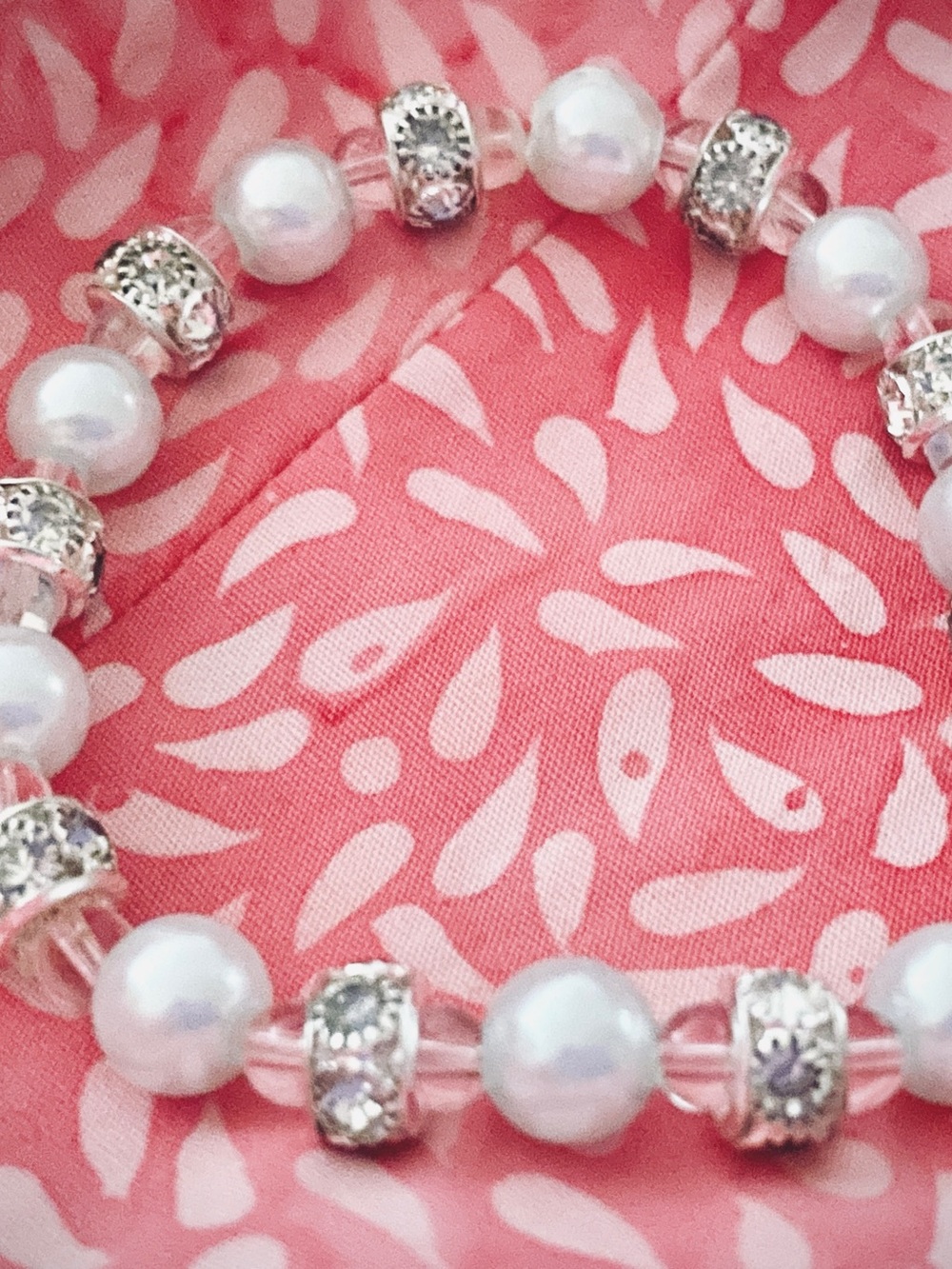 Hand Crafted White Pearl and Silver Crystal Spacer Bracelet